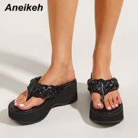 Aneikeh Summer 2022 Women Shoes Flip Flops Slides Wedges Zapatillas Mujer Platform Round Toe Fashion Casual Pleated Size 35-40