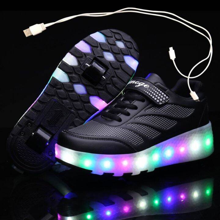 USB Charging Black Two Wheels Luminous Sneakers Led Light Roller Skate Shoes  For Children Kids Led Shoes Boys Girls Shoes 28-43 