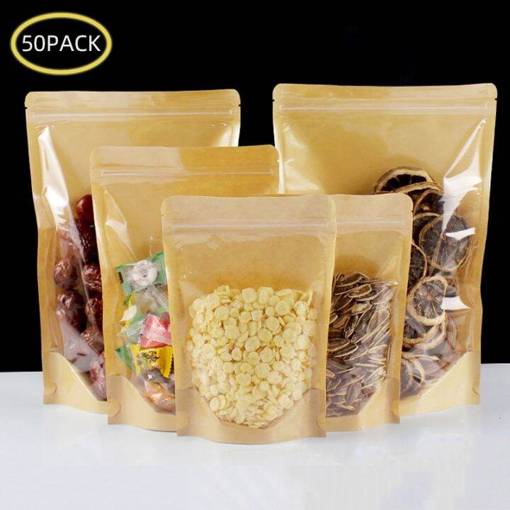 50pcs Kraft Paper Zip Lock Bags One Side Clear Stand Up Resealable Snack Coffee Beans Dates 7485