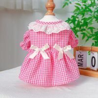 1PC Pet Clothing Dog Spring/Summer Pink Plaid Love Pearl Bow Princess Dress For Small Medium Dogs Dresses