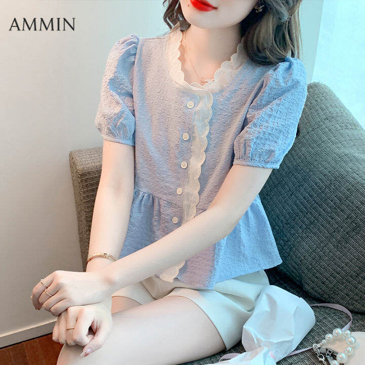 ammin-2022ใหม่ฤดูร้อนพัฟแขนฝรั่งเศสคอวีหวานและสง่างามเสื้อสตรีสไตล์เกาหลีแขนสั้นบุคลิกภาพนัวเนียเย็บเสื้อชีฟองผิดปกติหญิง-ins-ท็อปส์