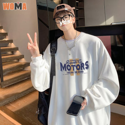 WOMA  เสื้อสเวตเตอร์คอกลมผู้ชาย,เสื้อยืดแขนยาววัยรุ่นแฟชั่นป๊อปมีเสื้อกันหนาวแบบสวมหัวหลวมสำหรับนักเรียนหล่อ