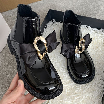 2022 Winter Women Boots Fashion Platform Bow New Boots Warm Chain Chunky Designer Goth Ankle Flats Chelsea Botas Mujer Shoes
