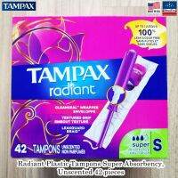 Tampax® Radiant Super Plastic Tampons 28, 42 Count ผ้าอนามัยแบบสอด สำหรับวันมามาก ป้องกันการรั่วซึม ปราศจากกลิ่นได้ถึง