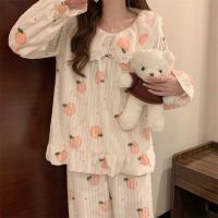 Lace Sleepwear Women Pajamas Set Peach Winter Fleece Velvet 2 Piece Pant Home Suit Sleep Fluffy Korean Piiama Warm Night Wear