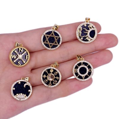 Fashion Round Black Agate Man Necklace Pendant Star Of Davi/Compass/Moon/Snake /Love Alphabet Inset Zircon Luxury Jewelry Making