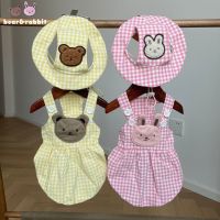 INS Summer Cotton Washed Plaid Pink Yellow Bear Bunny Suspender Skirt Pet Suit Cute Plaid Sun Hat Dog Sun Protection Dress Dresses