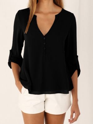 ✆㍿□ S-5XL deep v neck Shirts 2019 button long sleeve ladies tops chiffon shirts solid elegant Top casual Blouses