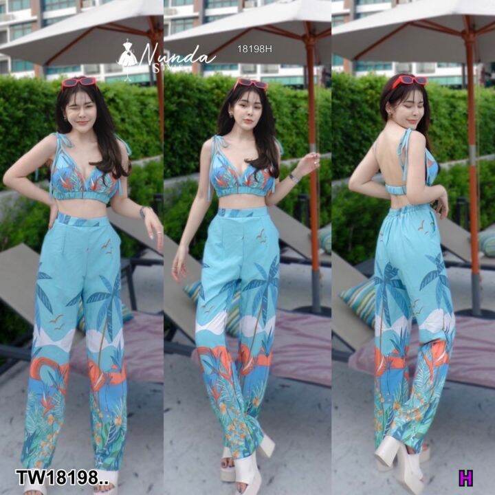tw18198-set-2-ชิ้น-เสื้อสายผูกไหล่-พิมพ์ลาย-กางเกงขายาว