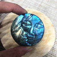 Natural Blue Flash Labradorite Healing Crystals Gemstone Hand Carved Sun And Moon Face Decoration Gift