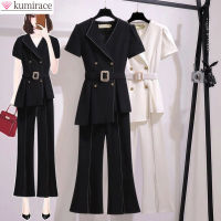 Plus Size Summer New Casual Suit Belt Decoration Womens Elegant Short Sleeved Top Flare Pants Two Piece Set