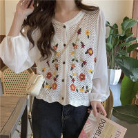 Korean Style Women Long Sleeve Hollow Out Lace Autumn Crochet Knitted Shirt Blouse Baju Baju Wanita Lengan Panjang