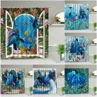 Sunny Ocean Dolphin Bath Curtain ปลาเขตร้อนสัตว์น้ำม่านอาบน้ำชุดซีวิวอ่างอาบน้ำเบ็ดตกแต่ง 180 * 180 ซม