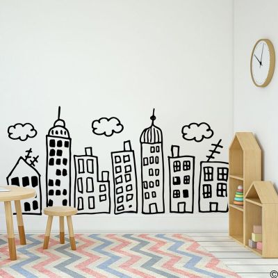 Large City Skyline Doodle Cloud Wall Sticker Kids Room Nursery Hand Drawn City Skyline Wall Decal Playroom Vinyl Home Decor