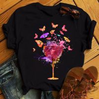 Black T Shirt Watercolor Butterfly Wine Glass Print T Shirt Funny Graphic Tee Shirts 90S Tee