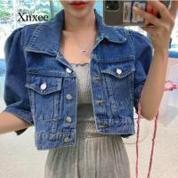 ZZOOI 2021 Puff Sleeve Crop Denim Jacket Women Summer Street Outerwear Korean Fashion Designer Short Blue Jean Coat Ladies Clothing