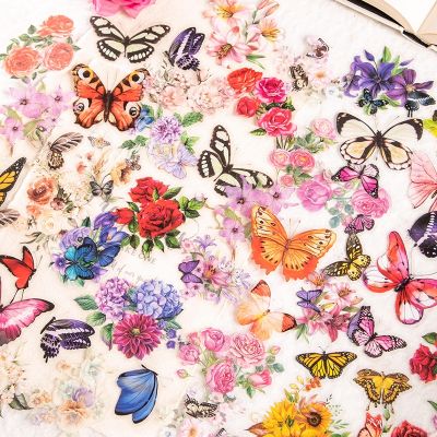 【YF】 50psc Butterfly Loves Flowers Series Decorative PET Stickers Pack Retro Scrapbooking Label Diary Phone Journal Planner