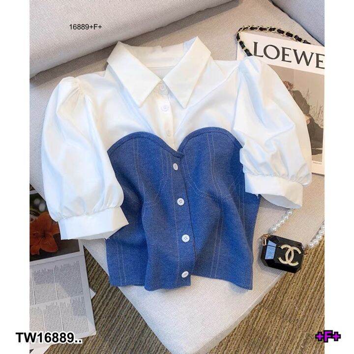 tw16889-เสื้อ-ไหมพรมปกเชิ้ต-แขนสั้น