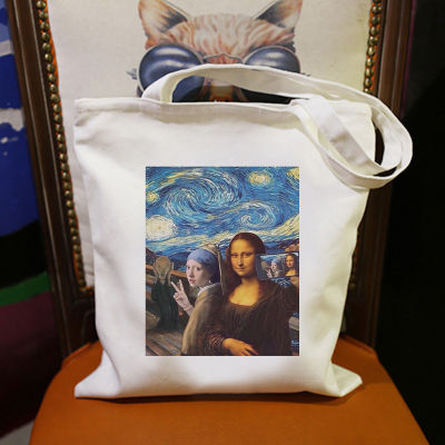 Tote Canvas Bag Shopper Bags Reusable Handbag Female Top Art Van Gogh Mona Lisa Aesthetic Vintage Harajuku Casual Teacher Gift