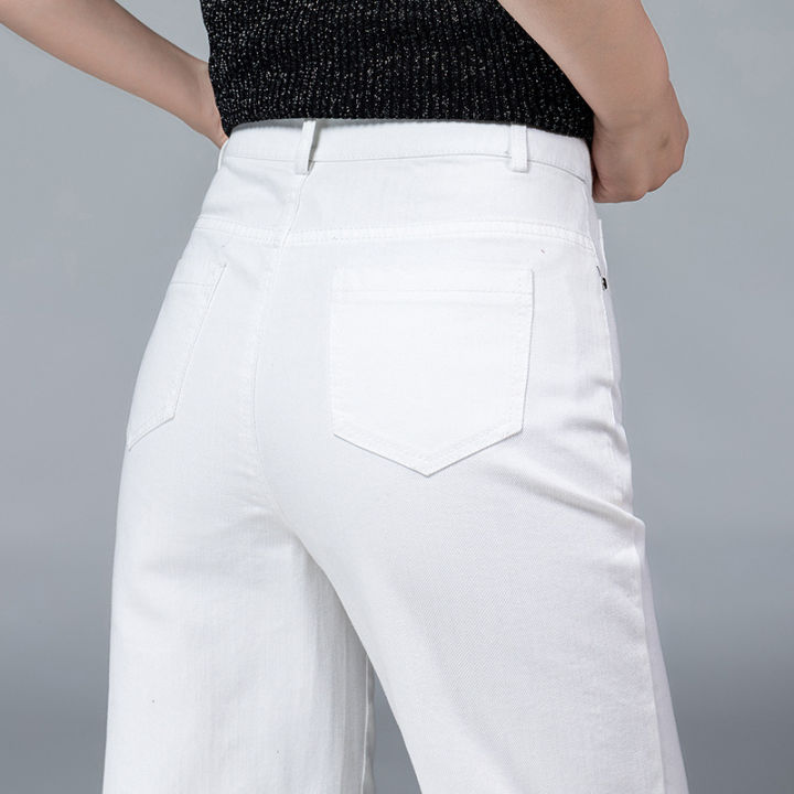 กางเกงยีนส์สีขาวกางเกงขาตรงสำหรับฤดูใบไม้ผลิและฤดูใบไม้ร่วงของผู้หญิงกางเกงเก้าส่วนสำหรับคนตัวเล็ก-2023-กางเกงขากว้างเอวสูงรุ่นใหม่จัดส่งฟรี