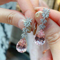 2023เครื่องประดับเกาหลีสีชมพู Morganite Diamond Water Drop ต่างหูหญิงยาวจี้ต่างหูอินเทรนด์ Dangler Fine Gift