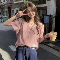 ┋✌♀ 53213 Lapel Simple Chiffon Shirt Women Short Sleeve Top