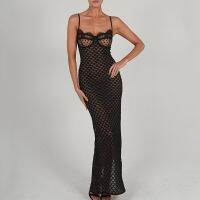 ZZOOI Fashion New Lace Backless Halter Sheath Skirt Women Cocktail Party Split Polka-dot Evening Dress Sexy See-through Black Frock