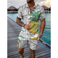 bjh☸◑  Men Tracksuit Pawpaw Print Sleeve Shirt Sets 2 Pieces Oversized Suits