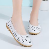 NEW Breathable Genuine Leather Summer Shoes Woman 2023 Flat Low Heel Hole Shoes Hollow Out Leather Slip on Soft Shoes for Women