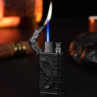 New 3D Relief Dragon Crocodile Double Fire Lighter Metal Windproof Jet Fire Open Fire Conversion Gas Lighter Smoking Mens Gift