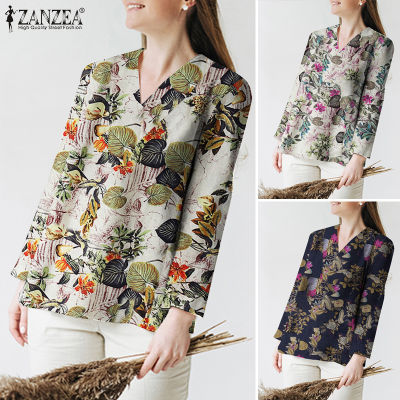 Esolo ZANZEA Women Retro Printed Long Sleeve V Neck Tops Lady Shirt Splid Hem Cotton Blouse #12