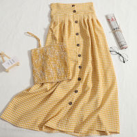 Fashion Skirt suit womens summer holiday casual retro short vest suspenders + high waist breasted pleated skirt two-piece set