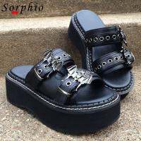 (ETX)ETXSorphio Summer 2023 Double Strap Buckles  Platform Wedges Fashion Goth Slippers Hot Womens Metal Sandal For Comfy  Black Shoes