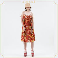 KLOSET  Havana Spaghetti Midi Dress (SS21-D001) เดรสสายเดี่ยว เดรสผ้าพิมพ์ เดรสผู้หญิง เดรสแฟชั่น