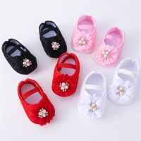 Infant Baby Girls Flats and Headband Soft Sole Non-slip Pearl Flower Princess Wedding Dress Walking Shoes for Newborn