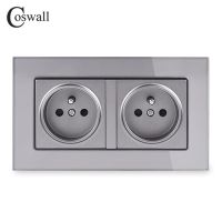 【Best-Selling】 Coswall 16A คู่ฝรั่งเศสมาตรฐานผนังซ็อกเก็ตแผงกระจกคริสตัลเต้าเสียบไฟฟ้าสายดินกับเด็กประตูป้องกันสีเทาสีดำ