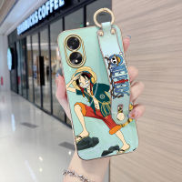 เคสใส่โทรศัพท์สำหรับ OPPO A18 A38 (มีสายรัดข้อมือ) นุ่มขอบสี่เหลี่ยมแฟชั่นลายลูฟี่ชุบเคลือบเคสโทรศัพท์หรูหราชุบเคสโทรศัพท์นิ่ม