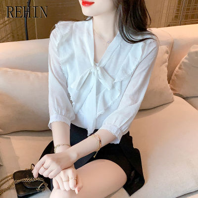 REHIN เสื้อผู้หญิงแขนสั้นคอวีเสื้อชีฟองสีขาวหรูหรา,เสื้อฤดูร้อนการออกแบบสไตล์เกาหลีแบบใหม่