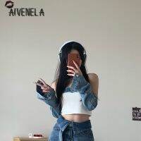 Rompi Sampul Lengan Jeans Desain Anak Perempua Harajuku เสื้อยืดยีนส์ Y2K Tanpa Tali Atasan Tabanak Perempuan Populer Streetwear AFC1957