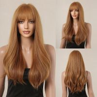 Brown Blonde Long Wavy Synthetic Wigs for Women Natural Wave Hair Wigs with Bangs Heat Resistant Daily Cosplay Wig  Hair Extensions Pads