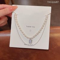 ? เครื่องประดับ Niche senior design feels double pearl necklace female temperament square zircon chain pendant sparkling clavicle