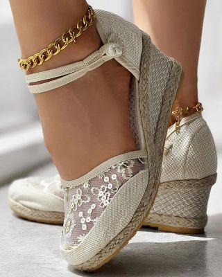 Sandals Embroidery Braided Espadrille Ankle Strap Wedge Mesh Sequined Women 6cm High Heel Espadrille Sandals Breathable Shoes