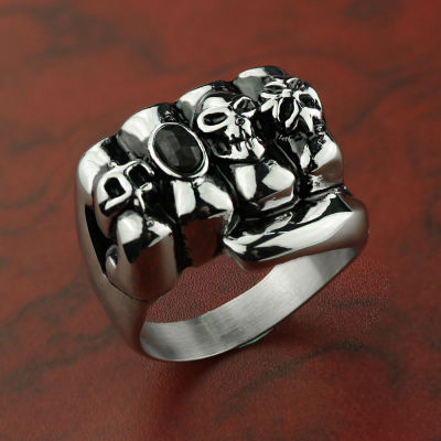 กะโหลกกำปั้นสีดำเพชรไทเทเนียมแหวนเหล็กสแตนเลสเครื่องประดับบุรุษแหวน ZR6H