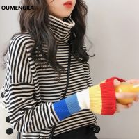 Female Korean Harajuku Clothing For Women Loose Wild Striped Casual Sweater Rainbow Sleeve Turtleneck Kawaii Pullover Jumper