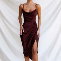 Sexy Fashion Dress Sling Spaghetti Straps Bodycon High Slit Dresses Women Solid Banquet Wedding Guest Holiday Beach Dress Robe