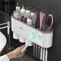 Wall-mounted Toothbrush Holder With 2 Toothpaste Dispenser Punch-free Bathroom Storage For Home Waterproof Bathroom Accessories