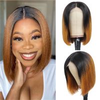 【jw】☾△  Ombre Wig Human Hair Bob Wigs Straight 13x4 Front Colored Short