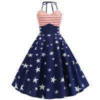 Kkindepensive Day R Women S Wear Halter Chest Stripe Star Print Large Swing Dress 1950S 60S Rockabilly Prom Party Dressesq11