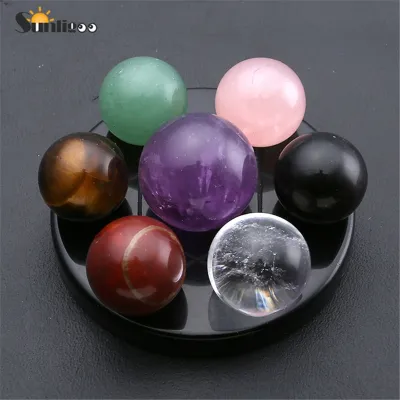 Sunligoo Reiki Healing 7 Chakra Crystal Energy Ball Set Natural Amethyst Rose Quartz Gemstone Sphere Ball W/ Black Obsidian Base