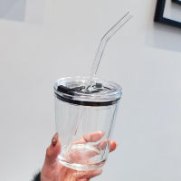 Creative Glass Cups for Coffee Tea Drinks Milk Tea Water Cups with Glass Cover Glass Straw Drinking Cup Simple Design